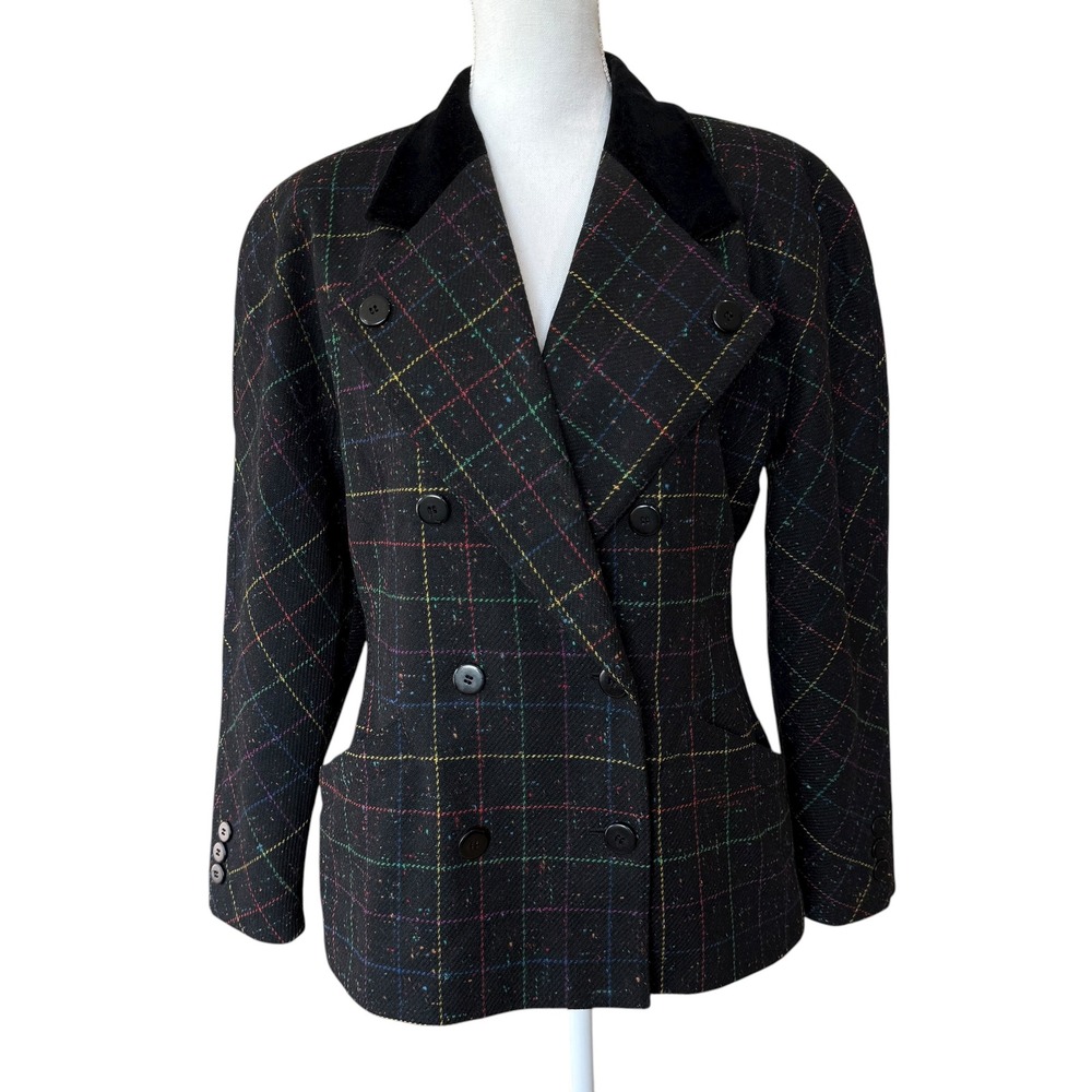 Escada Margaretha Ley Double Breasted Plaid Blazer Jacket Velvet Collar Women 40